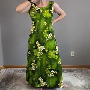 Vintage Royal Hawaiian Green Tropical Tiki Floral Barkcloth Maxi Dress Size XS/S